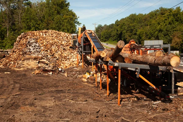 Logging site where trees from nearby forest are chopped and cut into wooden logs. These logs are then made into big piles and an excavator works on it. A concept image for deforestation and forestry. — Stock Image Logging Site Trees Nearby Forest Chopped Cut Wooden Logs Logs Stock Picture