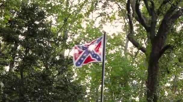 Uma Bandeira Confederada Retroiluminada Voando Vento Poste Bandeira Entre Árvores — Vídeo de Stock