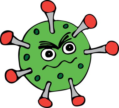 Devam eden COVID-19 salgınının nedensel etkeni olan kötü koronavirüsün el çizimi tasviri. Virüs parçacığının suratı asık, çirkin ve alaycı bir görünüşü var..