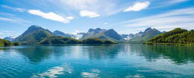 Panorama view on Nordfjorden and Svartisen glacier at Meloy, Norway clipart