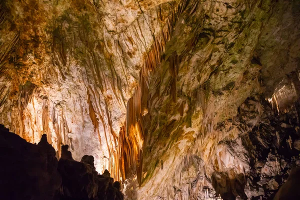 Görünüm sarkıt ve dikitler bir yeraltı mağarası - mağara Postojna, Slovenya