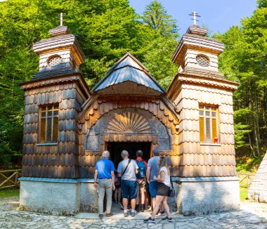 Kranjska Gora, Slovenia - 13.08.2018: The Ruska Kapelica Na Vrsicu church next to Kranjska Gora, Slovenia