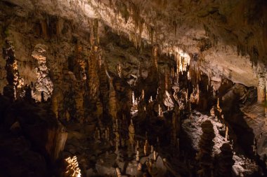 Görünüm sarkıt ve dikitler bir yeraltı mağarası - mağara Postojna, Slovenya