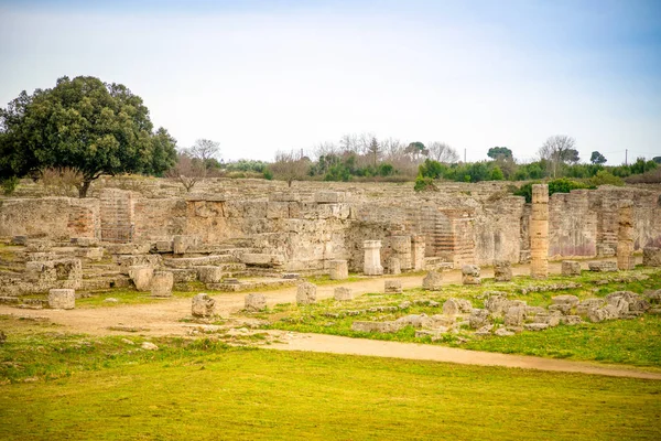 Stare ruiny starożytnego greckiego miasta w Paestum, Włochy — Zdjęcie stockowe