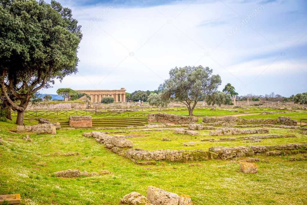 Old ruins of ancient Greek city in Paestum, Italy