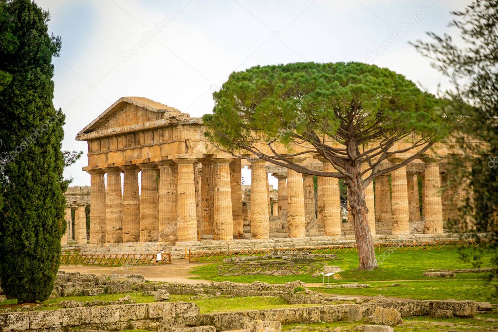 Old ruins of Neptune Temple in paestum, Italy