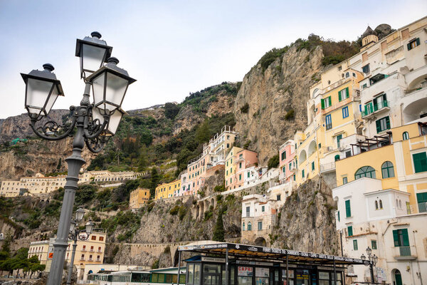 Amalfi, Italy - 03.02.2019: View of Amalfi cityscape on coast line of mediterranean sea in winter time in Italy