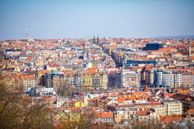 Prag çatılarının ve silüetinin havadan görünümü Petrin Tepesi, Prag, Çek Cumhuriyeti