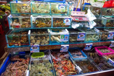 Sanya, Hainan, Çin - 09.07.2019: Sanya, Hainan, Çin 'deki bir Asya deniz ürünleri pazarında su tanklarında farklı türde çiğ deniz ürünleri