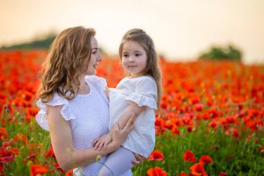 Güzel anne ve kızı Çek Cumhuriyeti 'ndeki gelincik tarlasında