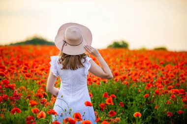 Şapkalı kadın haşhaş tarlasında duruyor ve Çek Cumhuriyeti 'nde günbatımının tadını çıkarıyor.