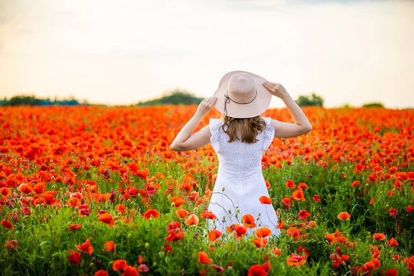 Mulher Com Chapéu Está Campo Papoula Desfrutar Pôr Sol República — Fotografia de Stock