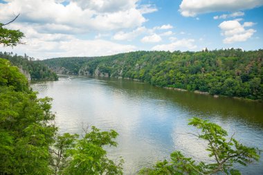 Çek Cumhuriyeti 'ndeki Zvikov kalesinin yanında Vltava ve Otava nehirlerinin birleşiminin havadan görünüşü