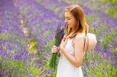 Çek Cumhuriyeti 'nde lavanta tarlasında buketle yürüyen bir kadın
