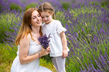 Anne, küçük kızıyla Çek Cumhuriyeti 'nde elinde bir demet lavanta tutarak yürüyor.