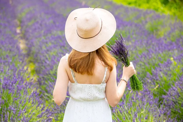 Mulher Caminha Com Buquê Campo Lavander República Checa — Fotografia de Stock