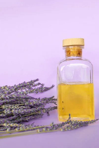 Lavender essential oil, a bottle and lavender bouquet on violet background