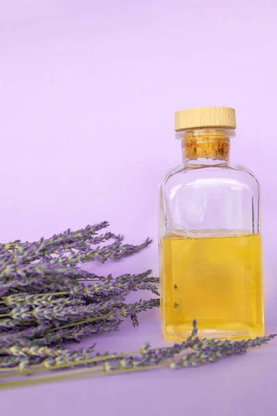 Olio Essenziale Lavanda Una Bottiglia Bouquet Lavanda Sfondo Viola — Foto Stock