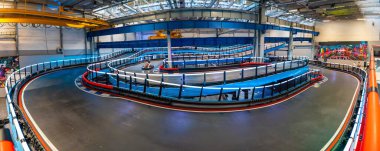 Prague, Czech Republic - September 21, 2025: Empty CMKarting track showing curves, barriers and layout of racing circuit. Infrastructure of recreational motorsport facility in urban environment. 