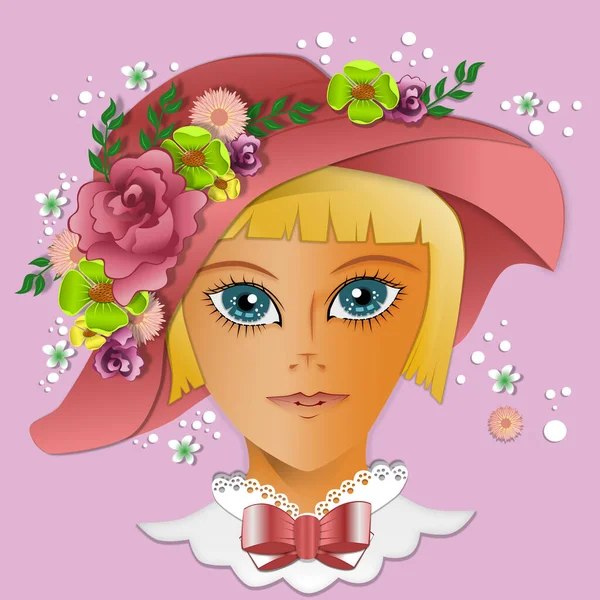 Illustration Woman Wearing Red Hat Decorated Flowers Pink Background — Stock Photo, Image