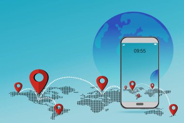 akıllı telefon fikri dünya haritasında sosyal ağlar ile yaratıcı, sosyal medyada haritayla ilişkilendirme konsepti