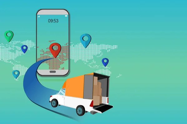 Smartphone Entrega Carro Ideia Criativa Com Redes Sociais Mapa Mundo — Fotografia de Stock