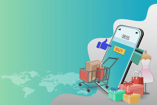 Shopping Online Smartphone Cart Delivery Idea Social Networks World Map — Stock Photo, Image