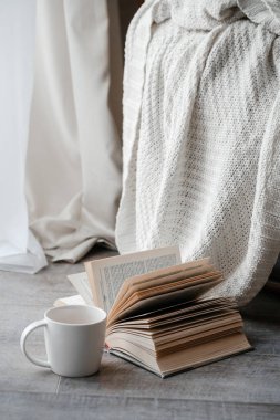 Samimi bir hayat: bir fincan sıcak çay ve sandalyenin yanında yerde sıcak bir battaniye ile bir kitap. Kişisel tecrit