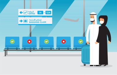 Havaalanında sosyal uzaklık işaretleri olan koltuklara bakan Arap bir çiftin resmi. İngilizce çeviri tüm işaretler için Arapça altındadır. Düzenlenebilir vektör dosyası.