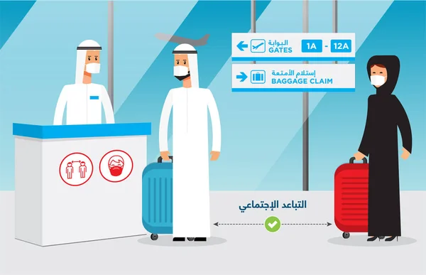 Ilustração Distanciamento Social Aeroporto Tradução Inglês Gates Baggage Claim Social —  Vetores de Stock