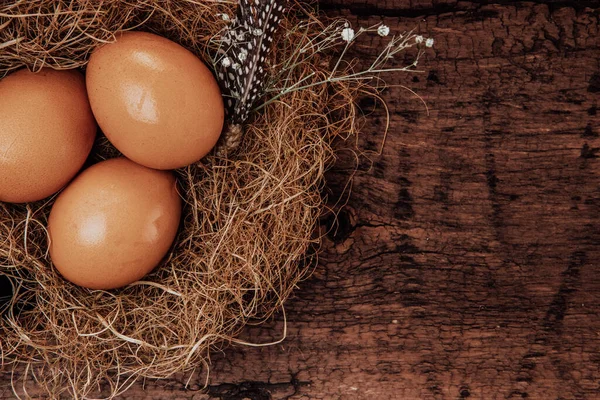 Tři kuřecí vejce v hnízdě na hnědém dřevěném pozadí — Stock fotografie