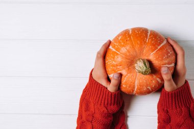Eller balkabağını beyaz ahşap arka planda tutar, üst manzara