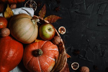  Sonbahar hasadı olan sepet - balkabağı ve elma. Kopyalama. Yüksek kalite fotoğraf