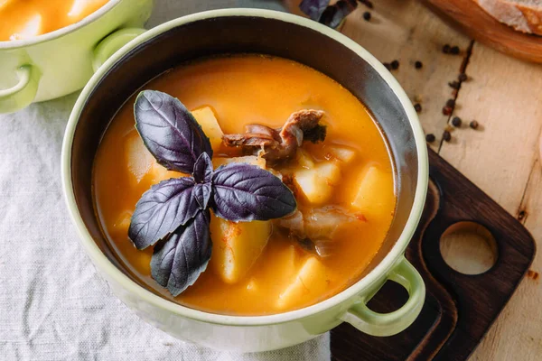 Bowl Hot Thick Homemade Potato Soup Meat Basil Wooden Table — Stock Photo, Image