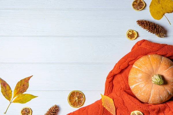 Concepto Otoñal Calabaza Hojas Sobre Fondo Madera Blanca Con Espacio — Foto de Stock