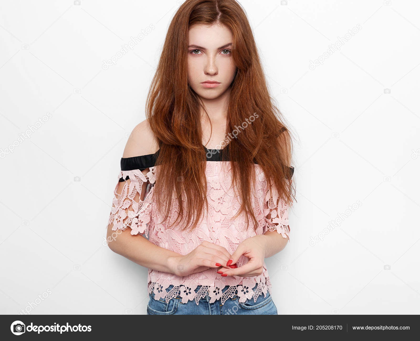 Young Beautiful Excited Woman Gorgeous Natural Red Hair Green Eyes