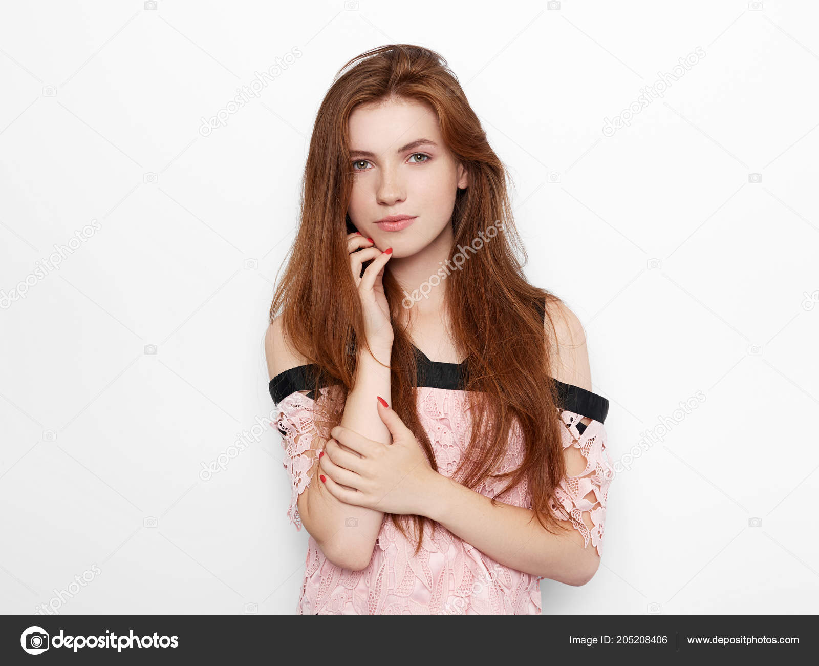 Young Beautiful Excited Woman Gorgeous Natural Red Hair Green Eyes