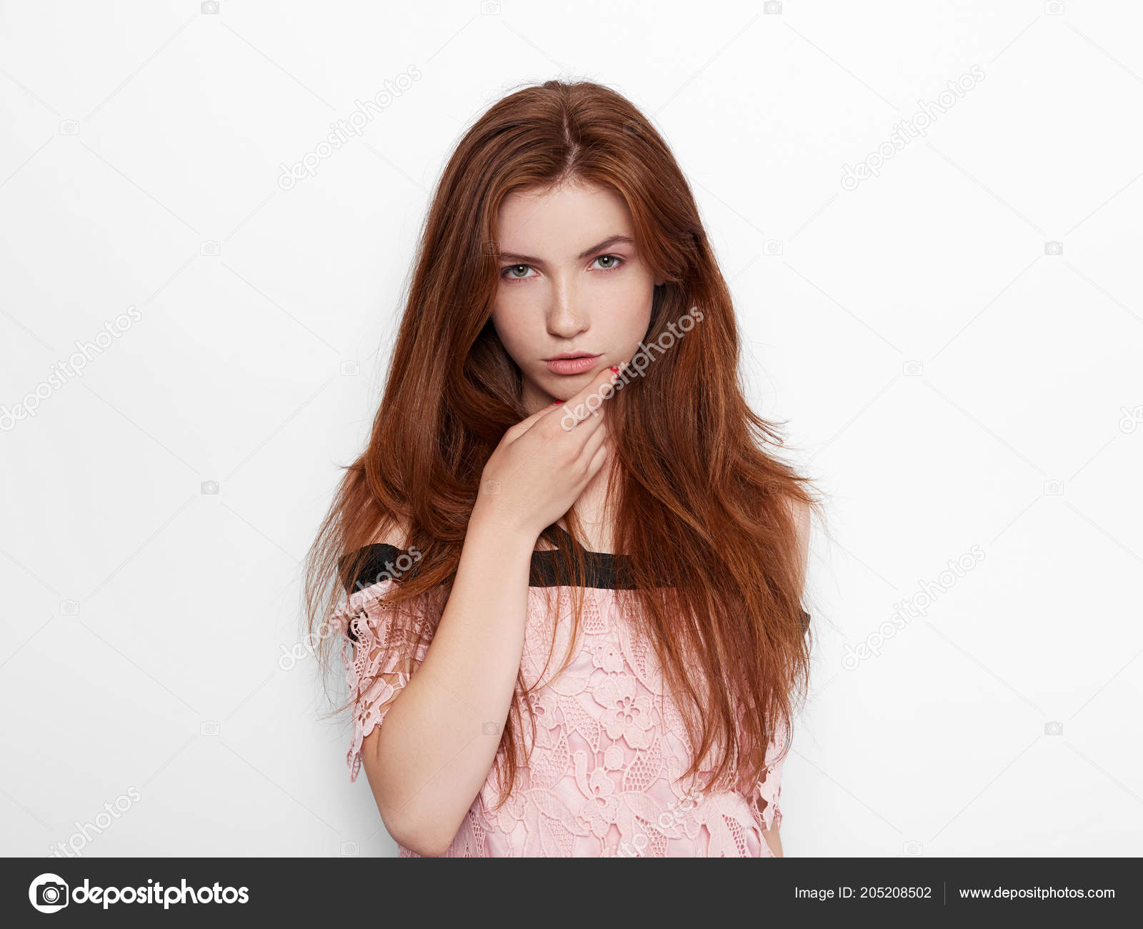 Young Beautiful Excited Woman Gorgeous Natural Red Hair Green Eyes