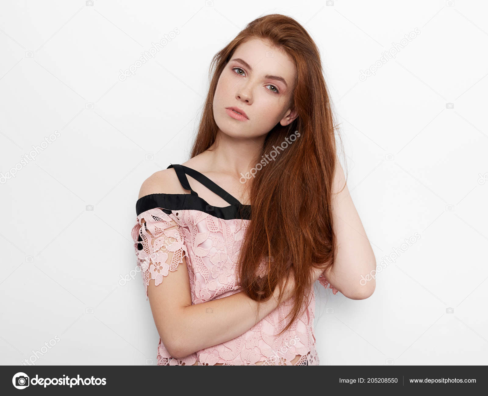 Young Beautiful Excited Woman Gorgeous Natural Red Hair Green Eyes