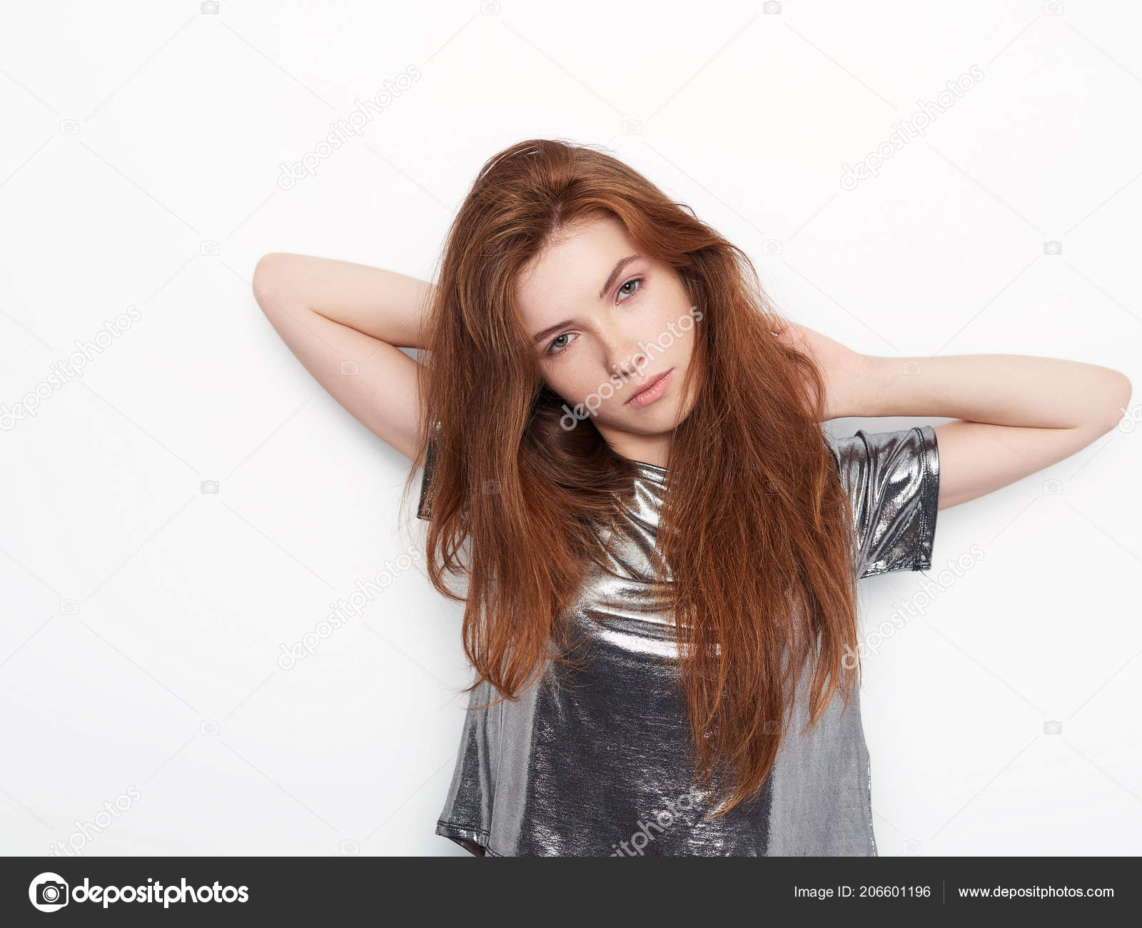 Young Beautiful Excited Woman Gorgeous Natural Red Hair Green Eyes