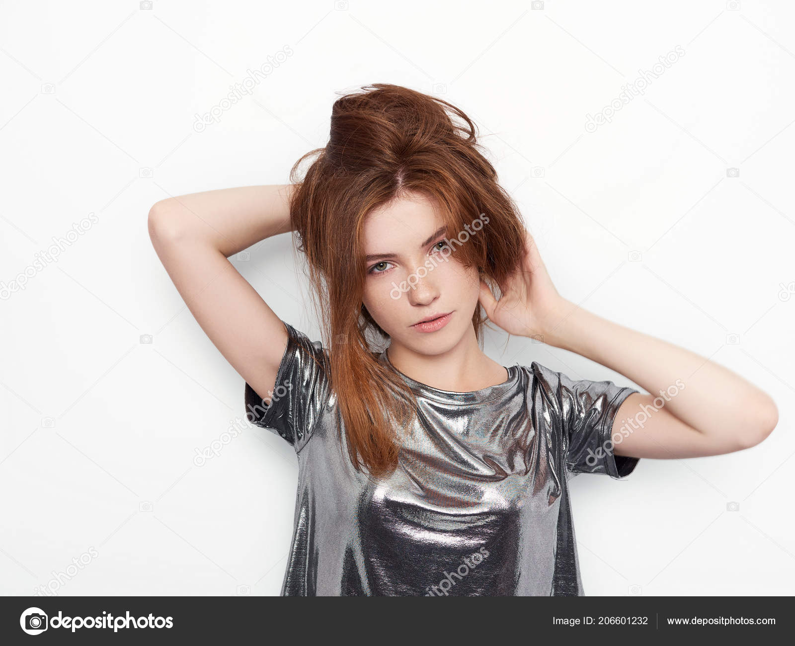 Young Beautiful Excited Woman Gorgeous Natural Red Hair Green Eyes