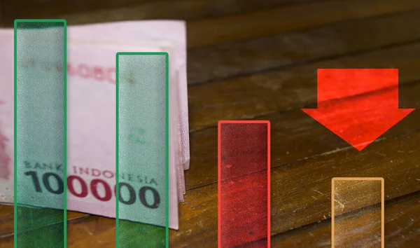 Rupia Indonesia Moneda Con Signo Flecha Gráfica Roja Concepto Cambio — Foto de Stock