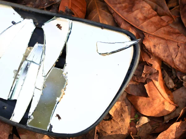 Зламане Дзеркало Заднього Виду Автомобіля Сухому Листі Крупним Планом Постріл — стокове фото