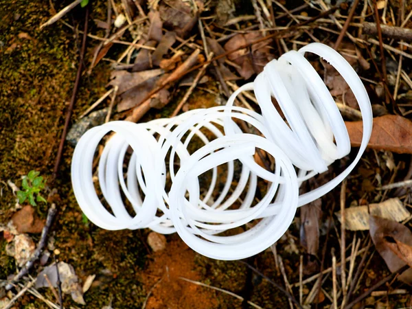 Correa Plástico Espiral Color Blanco Ramitas Hojas Enfoque Selectivo — Foto de Stock