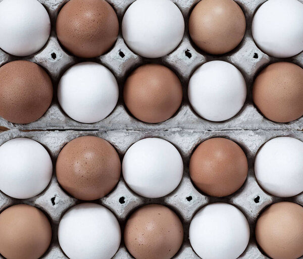 Close-up view of raw chicken eggs in egg box on white, beige, isolated background. Mix white and brown eggs.