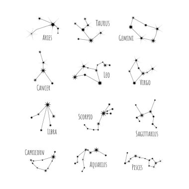 Zodyak sembollerinin 12 alametinin toplanması. Astrolojik takımyıldızlar. Burç burcunun burcunun burçlarını temsil ediyor. Stok vektör illüstrasyonu.
