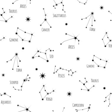 Zodyak sembollerinin 12 işareti kusursuz desen. Işık arkaplanındaki Astrolojik takımyıldızları. Gece gökyüzü, evren, galaksi. Paketleme, kağıt ve kumaş dokusu, vektör.