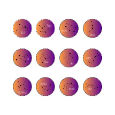 Zodyak sembollerinin 12 alametinin toplanması. Astrolojik takımyıldızlar daire şeklinde. Burç burcunun burcunun burçlarını temsil ediyor. Stok vektör illüstrasyonu.