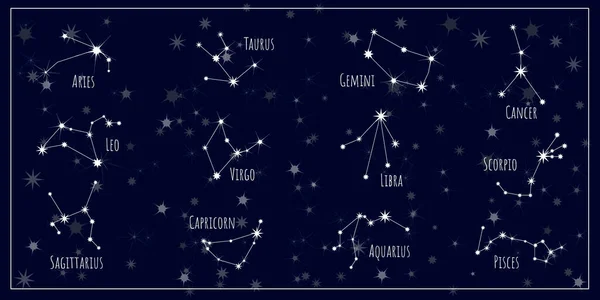 Kolekcja Znaków Zodiaku Gwiaździstym Niebie Mapa Nieba Astrologiczne Konstelacje Horoskop — Wektor stockowy