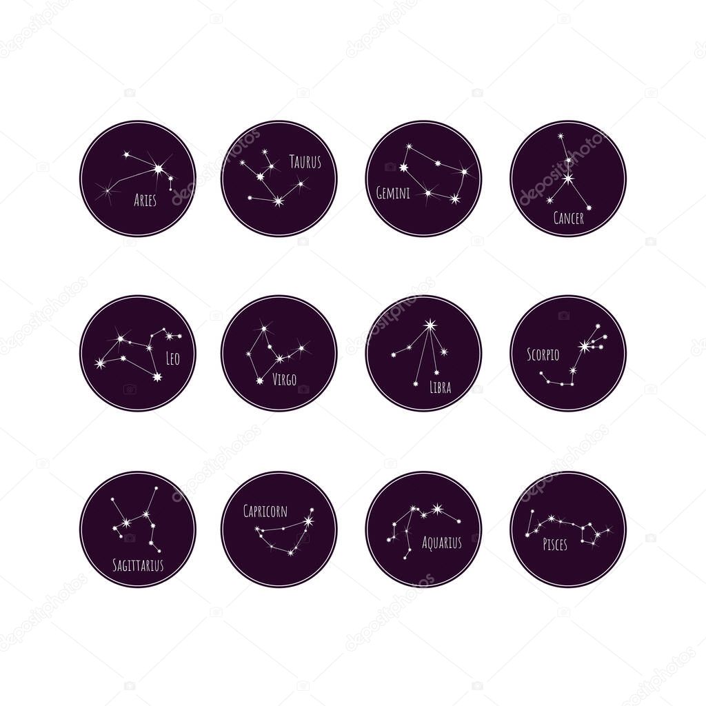 Collection of 12 signs of the zodiac symbols. Astrological constellations in a circle. Representation of the signs of the zodiac for the astrological horoscope. Stock vector illustration.